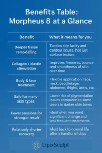How Often Can I have Morpheus 8? 3 Table showing the benefits of Morpheus 8 treatment from Lipo Sculpt Sandwich